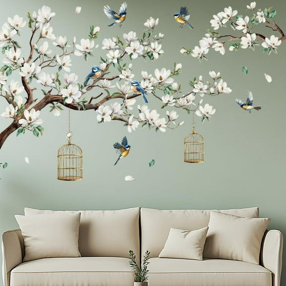 Magnolia Bird Wall Decals Tree Flowers Wall Sticker White Flower Decoration Magnolia Home Decor