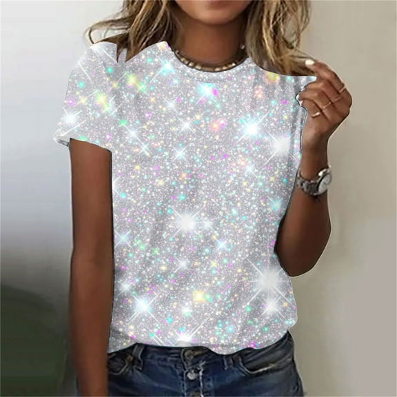 Frostluinai Womens Tops Dressy Casual Short Sleeve Glitter Shirts Round Neck Sparkly Print T Shirts Lightweight Party Shirts Plus Size Blouses