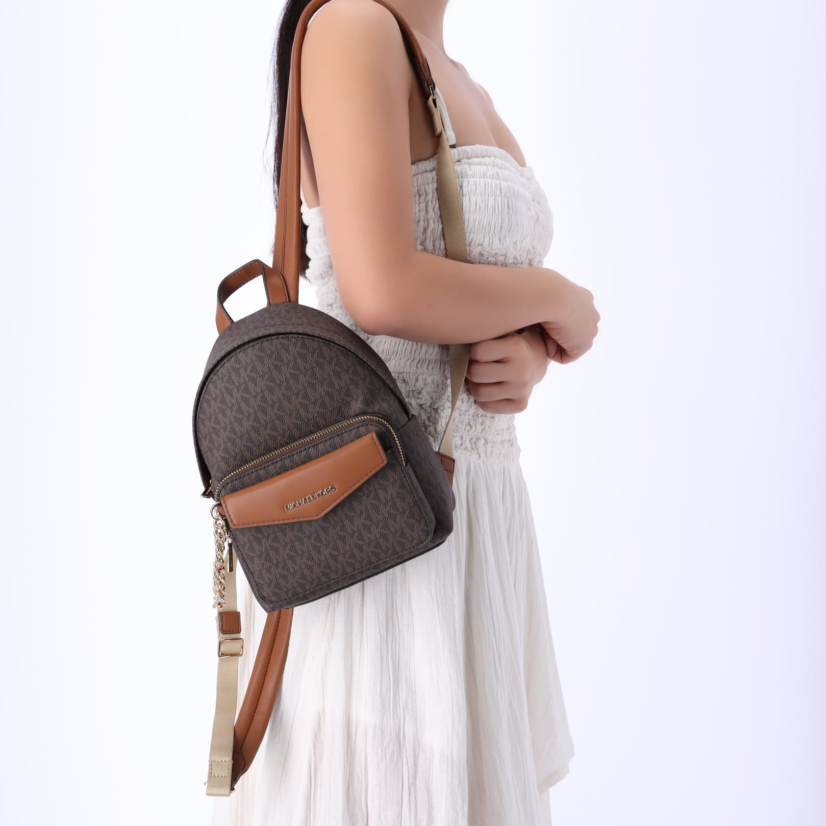 Michael Kors Maisie XS 2 In 1 Backpack Pouch Brown Logo MK
