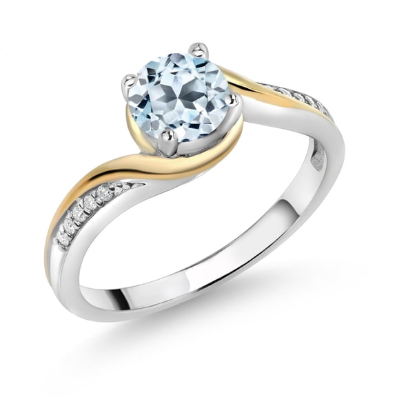 Gem Stone King 925 Silver and 10K Yellow Gold Ring Round Sky Blue Topaz and Moissanite (1.05 Cttw, Size 5)