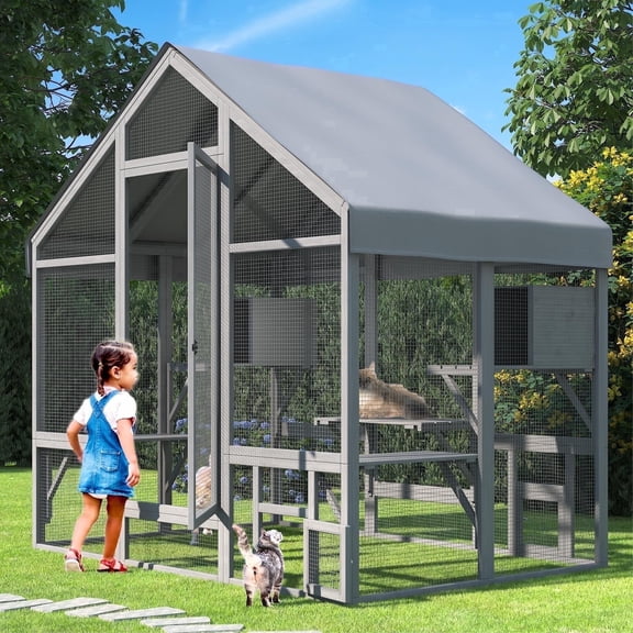 TIMHAKA 71" Large Outdoor Catio Enclosure w/ 7 Tiered Platforms, 2 Premium Resting Boxes, UV-Resistant Cover