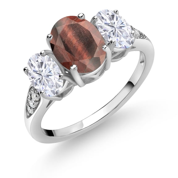 Gem Stone King 10K White Gold Red Tiger Eye White Moissanite and White Lab Grown Diamond 3 Stone Engagement Ring for Women (2.29 Cttw, Gemstone Birthstone, Available in Size 5, 6, 7, 8, 9)