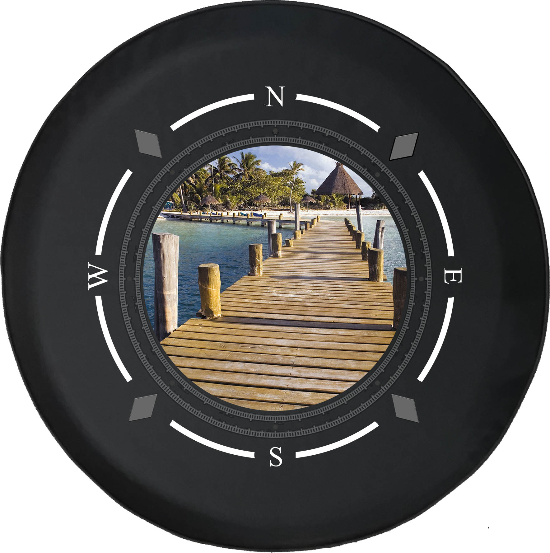 Spare Tire Cover Compass Wooden Dock Tropical Ocean Palm Trees Tiki Hut Wheel  Covers Fit for SUV accessories Trailer RV Accessories and Many Vehicles 