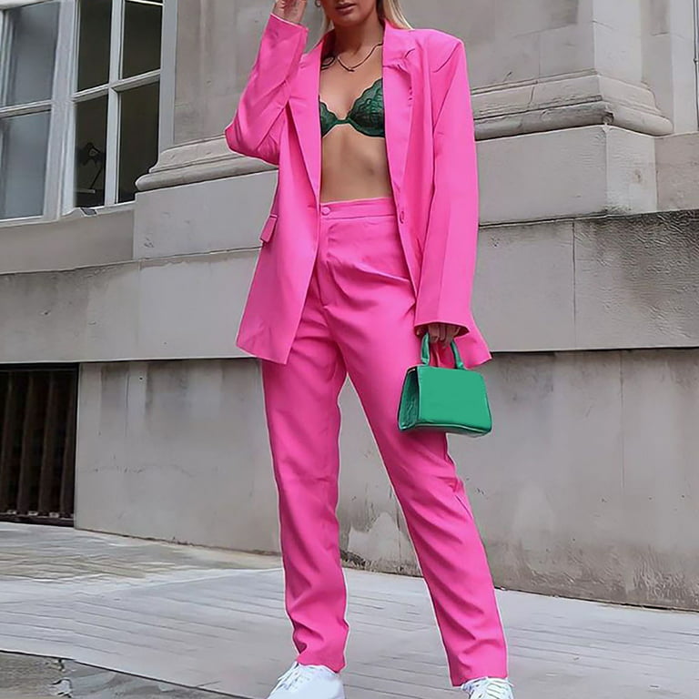 Puntoco Plus Size Long Sleeve Clearance Women's Long Sleeve Solid Suit  Pants Elegant Business Suit Sets Pink 10(XL)