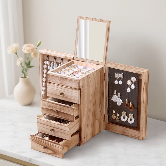 Jewelry Boxes, Wooden Jewelry Box For Women With Mirror And 5 Layers - Elegant Gift Idea, Spacious Drawers, Stylish Rustic Look, Jewelry Organizer For Birthday Or Holiday Gift