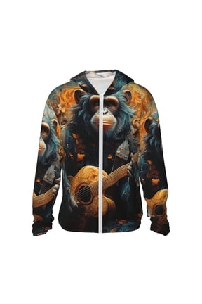 Women Men Sun Protection Hoodie Jacket Zip Long Sleeve Shirt Hiking Outdoor , Monkey Playing Guitar Art