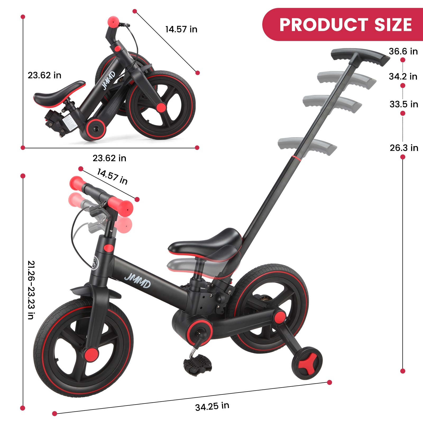 JMMD 6-in-1 Toddler Bike with Push Handle, Foldable photo 2