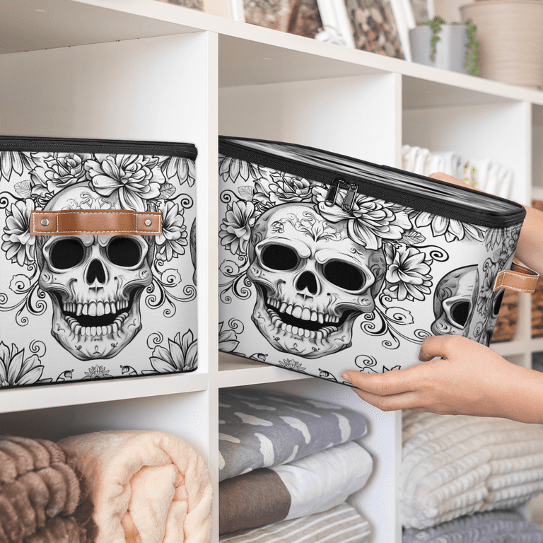 CURLYOOT Skull Gothic Skeleton Fabric Storage Bins with Lids, Goth