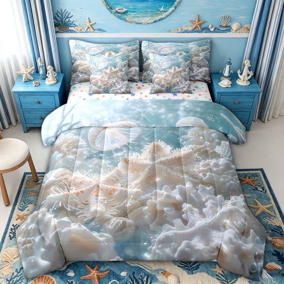spefrowx 3D Underwater White Jellyfish Twin Bedding for Teens, Pale Aqua Sculpted Spotted Starfish Coral Bedding Comforter Set, Stars Reversible, 7-Piece