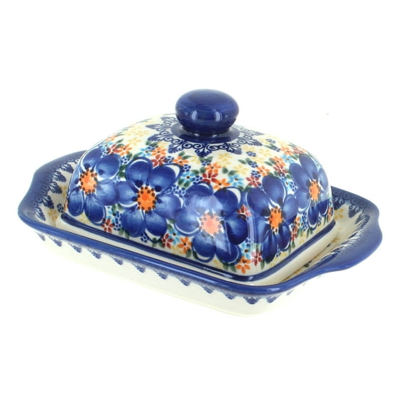 Blue Rose Polish Pottery Blue Dahlia Square Butter Dish