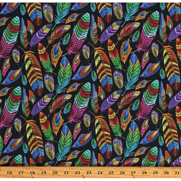 Cotton Feathers Multi-Color Colorful Birds Feathers on Black Sketch-Look Cotton Fabric Print by the Yard (119635)