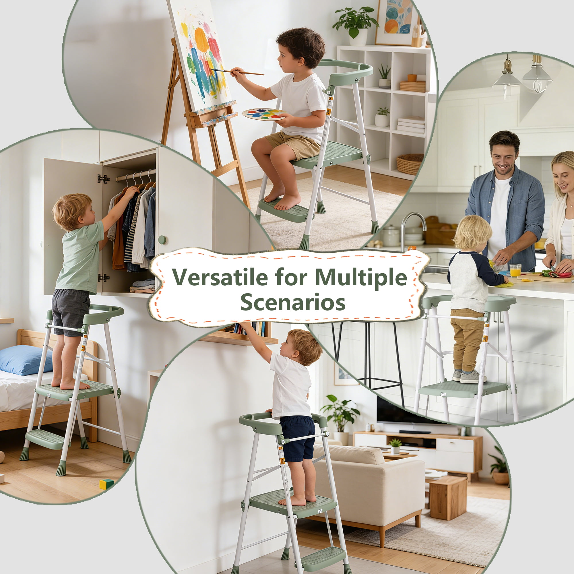 LevLad Toddler Kitchen Step Stool Helper for Kids, Foldable Learning Standing Tower for Kitchen Counter, Bathroom, Green