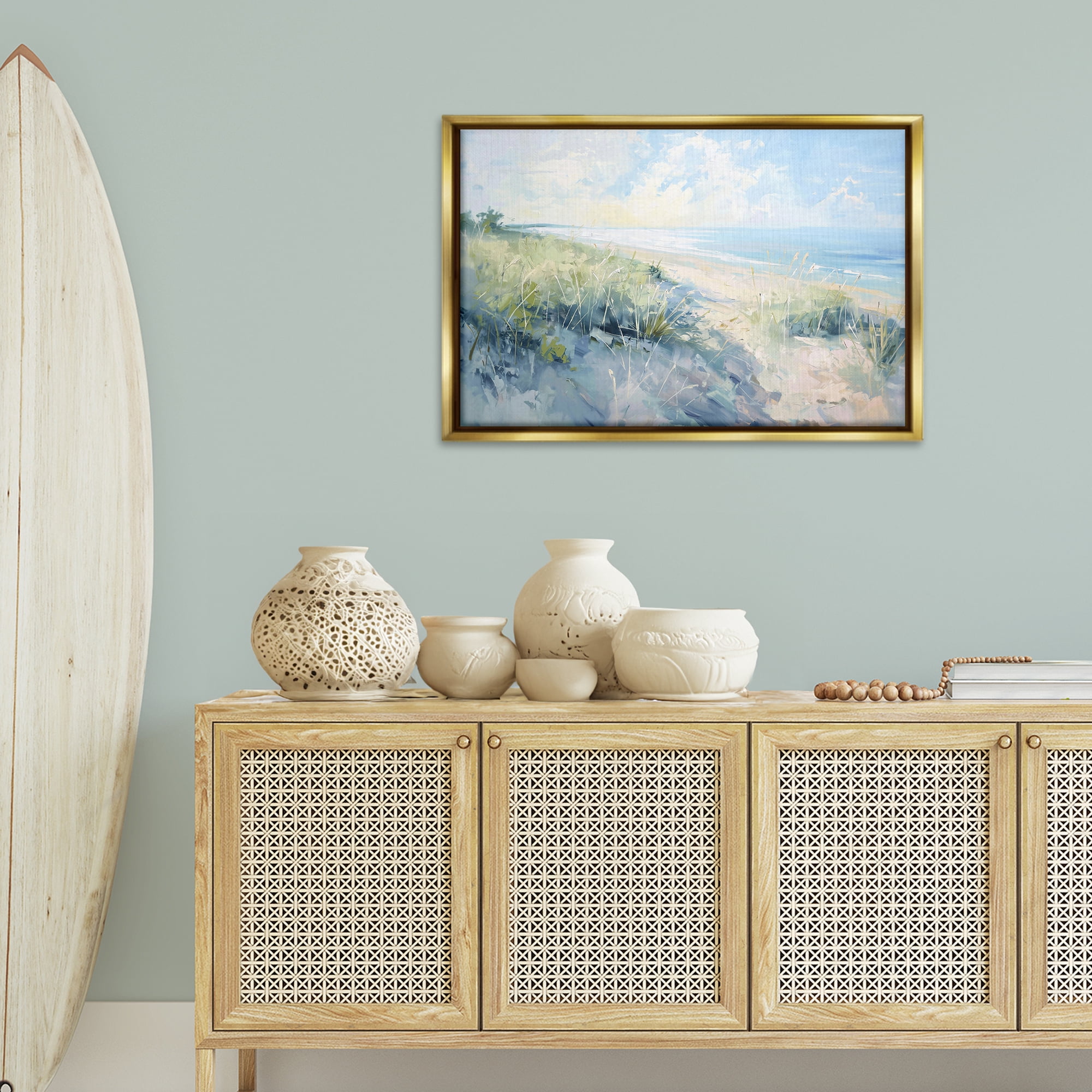 Stupell Industries Sunny Day At The Coast Nautical & Beach Painting Gold Floater Framed Canvas Art Print Wall Art, 31 x 21