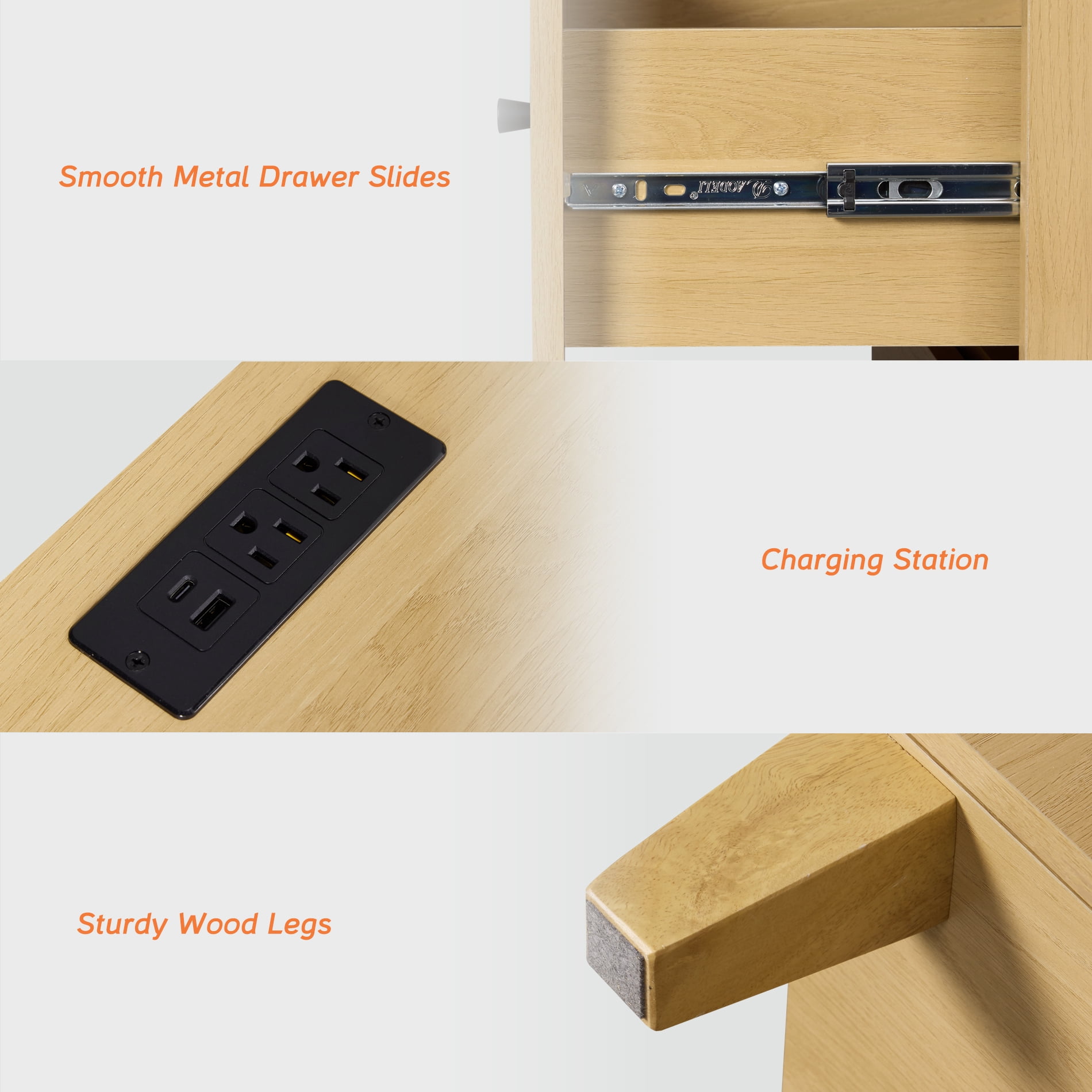 WAMPAT Dresser and Nightstands Set of 4, Wood Dressers with 6 Drawers, 2 Pieces Nightstands with Charging Stations for Living Room, Oak Wood