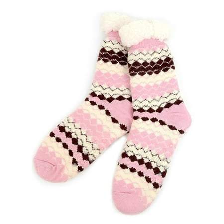 

Women s Pink And White Striped Plush Sherpa Winter Fleece Lining Slipper Socks