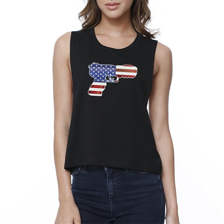 Pistol American Flag Womens Black Crop Tee Gifts For Gun