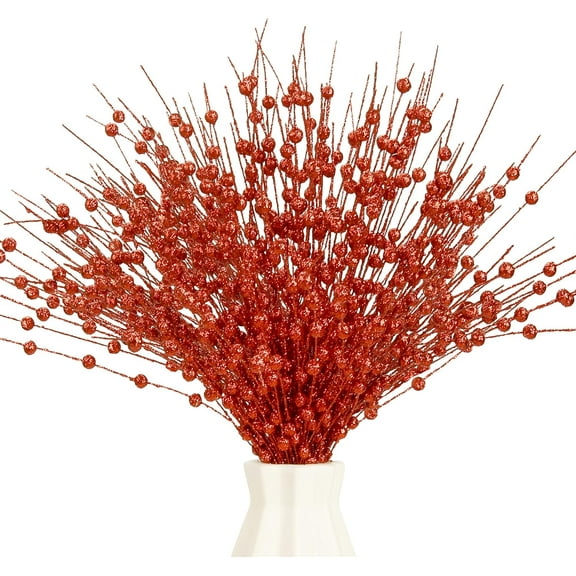 12 PCS Artificial Glitter Berry, Christmas Glitter Picks Artificial Berries Stems Ornaments Fake Xmas Stem Decorative Sticks for Vases Tall DIY Wreath Home Decor