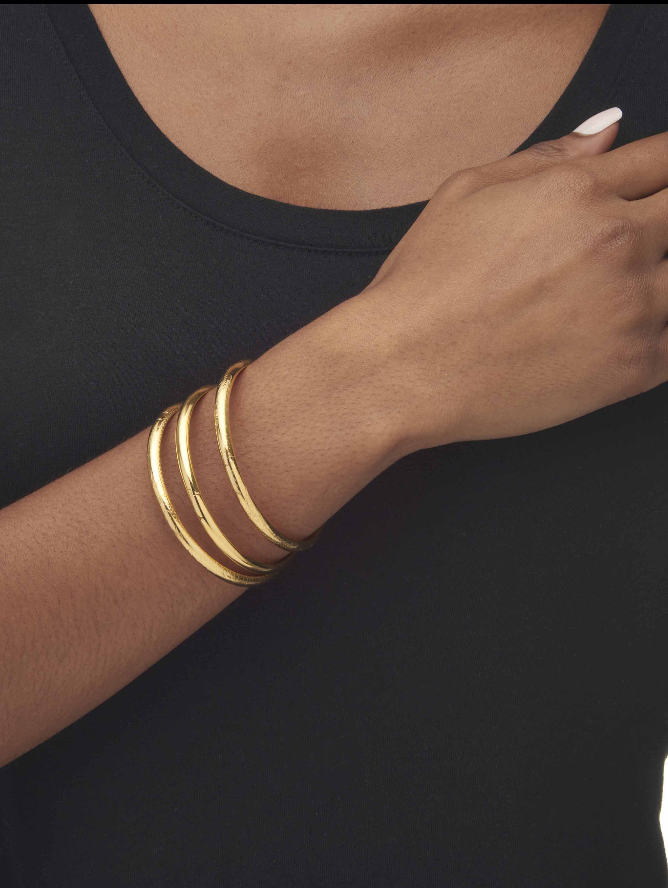 PalmBeach Jewelry Polished, Engraved and Floral Three-Piece Bangle Set in Yellow Gold-Plated or Sterling Silver