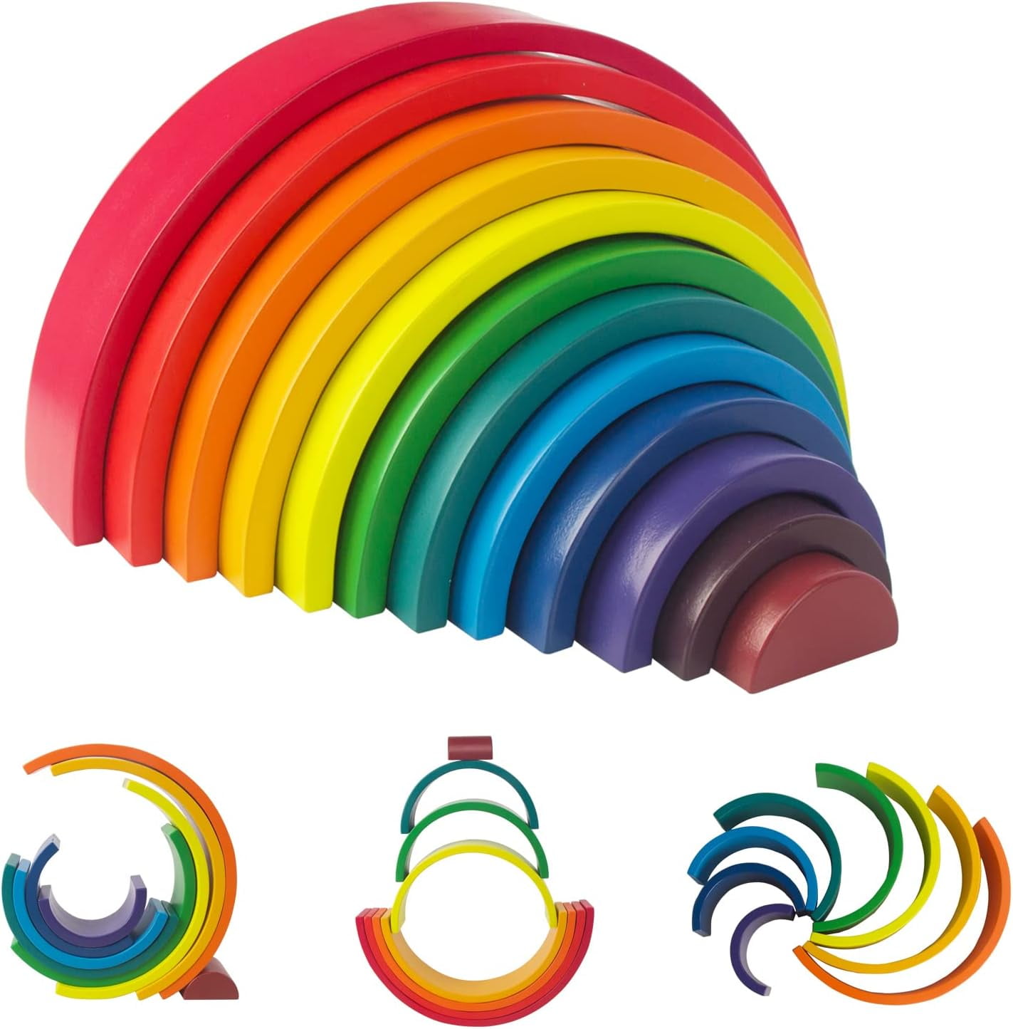 12 Pcs Wooden Rainbow Stacking Toy, Extra Large Wooden Rainbow Stacker