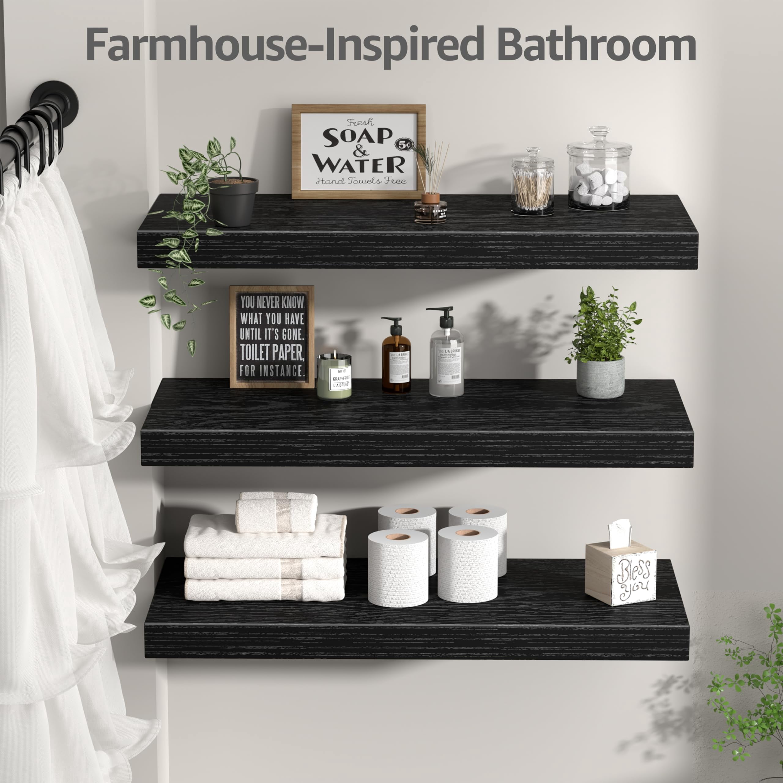 10" Deep Floating Shelves For Wall - 10 X 24 Inch Book Shelf Bathroom Bedroom Kitchen Living Room Hanging Bookshelf Farmhouse Set Of 3  Black (025-60b3)