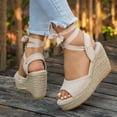 thumbnail image 4 of Rokment Womens Platform Wedge Strappy Dressy Sandals Bride Wedding Elegant Casual Suede Peep Toe Espadrilles Chunky High Heels Beach Dress Summer Shoes Beige Size 6.5, 4 of 6