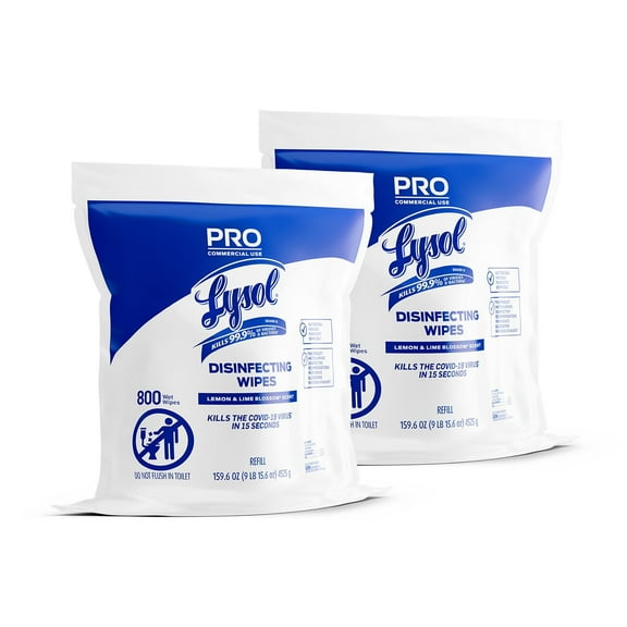 Lysol® Professional Disinfecting Wipe Refills, Lemon And Lime Blossom, 6" x 8", White, 800 Sheets Per Bucket, Set Of 2 R