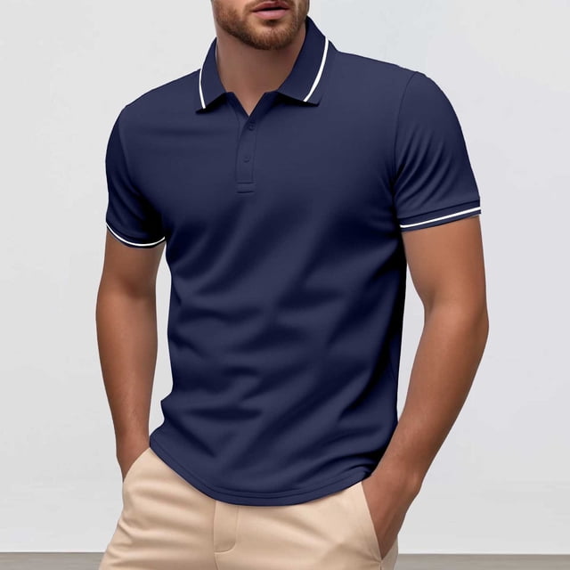 Adult Polo Shorts for Men Short Sleeve Button Tees Shirts Basic Blue T Shirts for Man