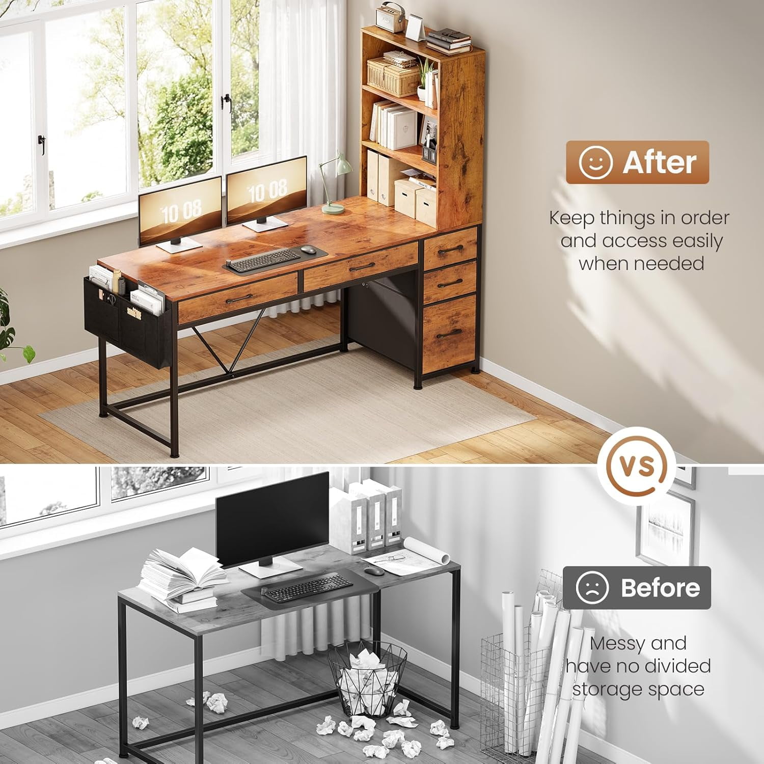 47" Home Office Desk with Bookcase & Storage Bag, Reversible Computer Desk with 5 Drawers and 3-Tier Bookshelves, Gaming Desk with Storage and Led Lights for Small Space, Rustic Brown