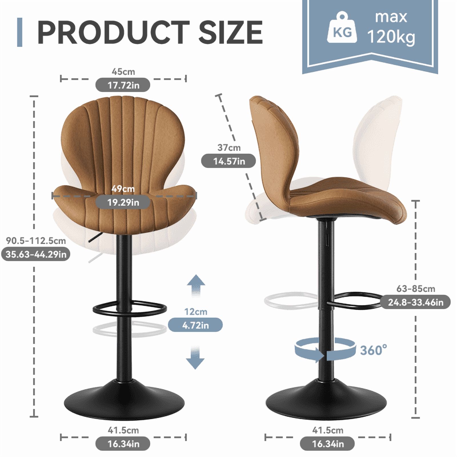 MOONMISS Modern Adjustable Bar Stool Faux Leather Bar Stool, Brown(Set of 2)