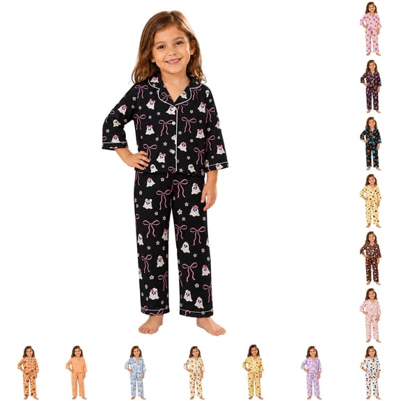 JAJAHO Girls Halloween Pajamas Cute Ghost Long Sleeve Button Down 2 Piece Pjs Loungewear Set For Kids 3-14Y