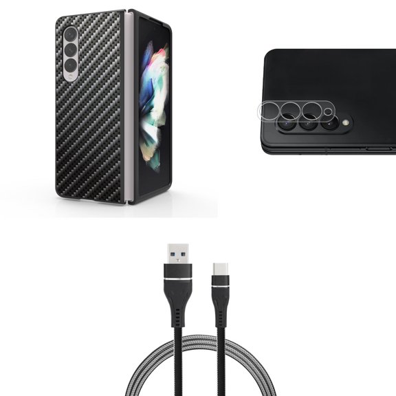 Accessory Bundle for Galaxy Z Fold 4: Slim Snap-On Case (Carbon Fiber), Rear Camera Glass Protector, Nylon Braided USB-C to USB-A Cable (3 Feet)