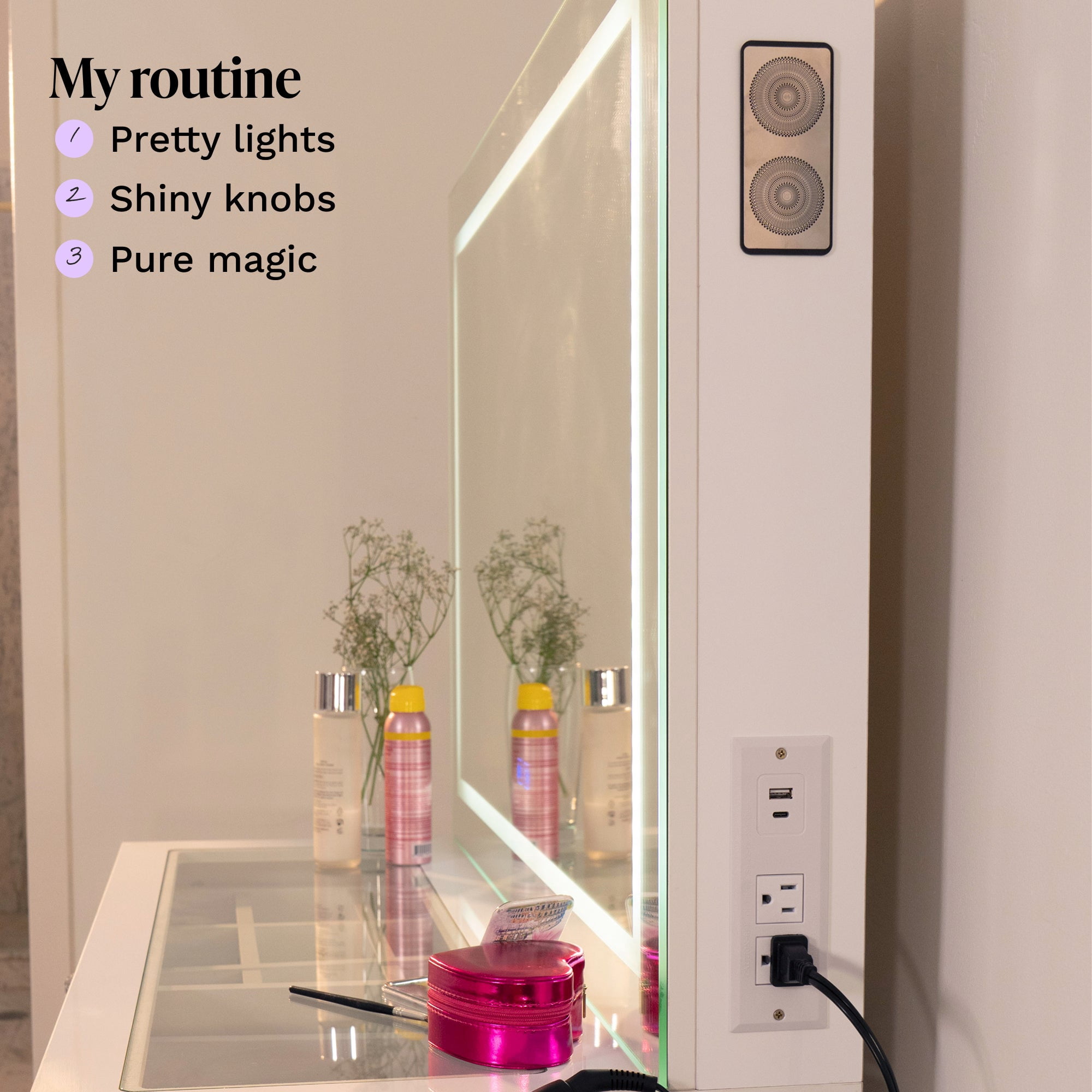 Boahaus Lyra Vanity Desk with LED Mirror and Built-In Speakers – Compact Makeup Vanity Table with Storage and Power Outlet