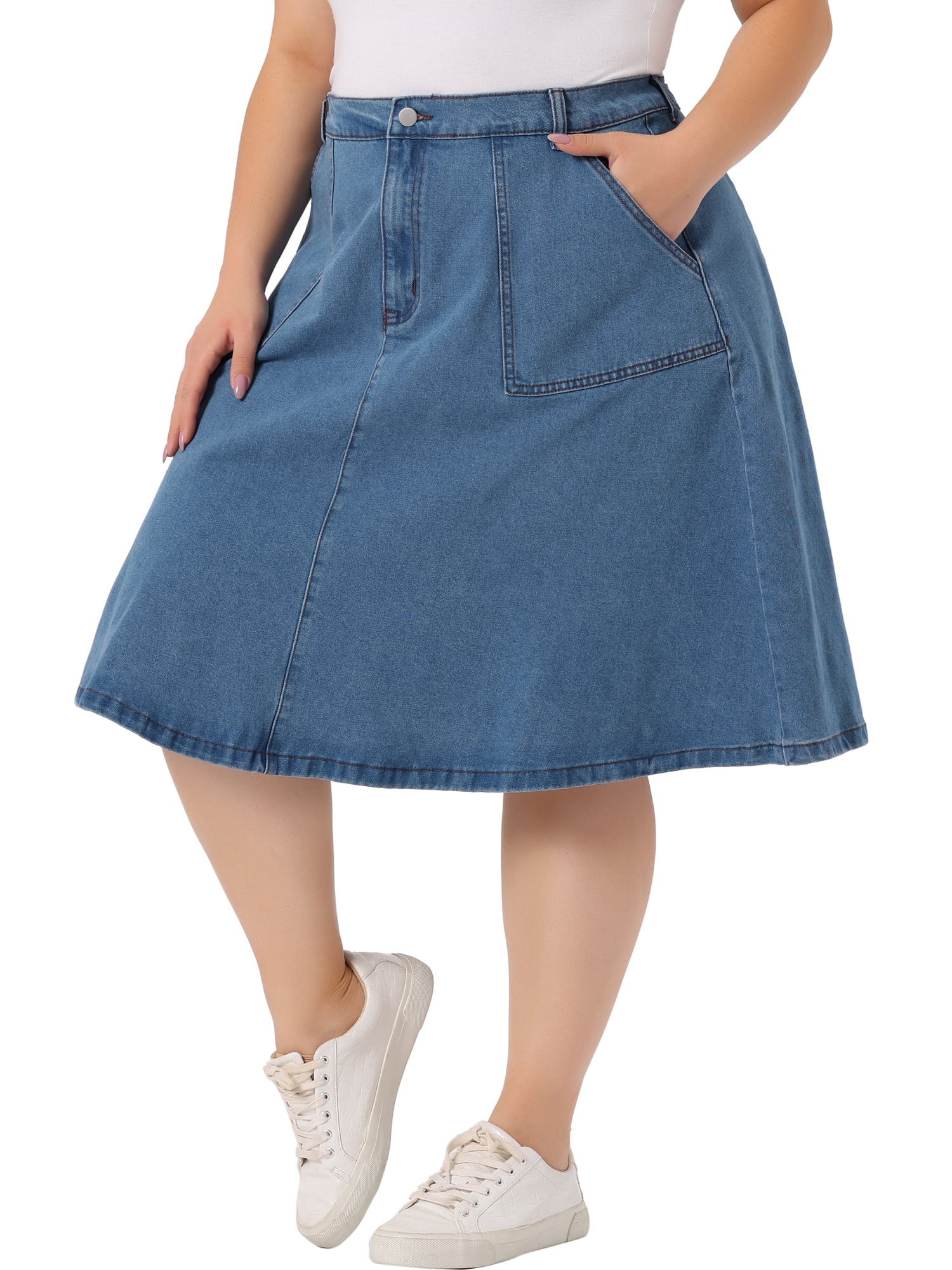 Unique Bargains Women's Plus Size Denim Casual A-Line Midi Skirt with Pockets