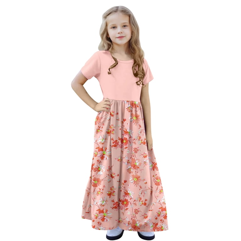 Oglccg Girls Summer Long Dress Short Sleeve Casual Holiday Modest Maxi Dress with Pockets Floral Printed T-Shirt Dress for 4-14 Years