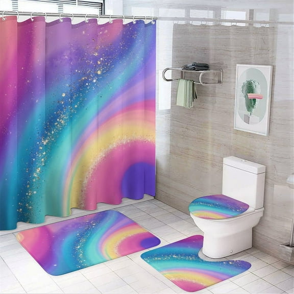 Colorful Swirls with Sparkles Shower Curtain Sets Non-Slip Rugs Bath Mat Toilet Cover U Shaped Mat 4 Pcs