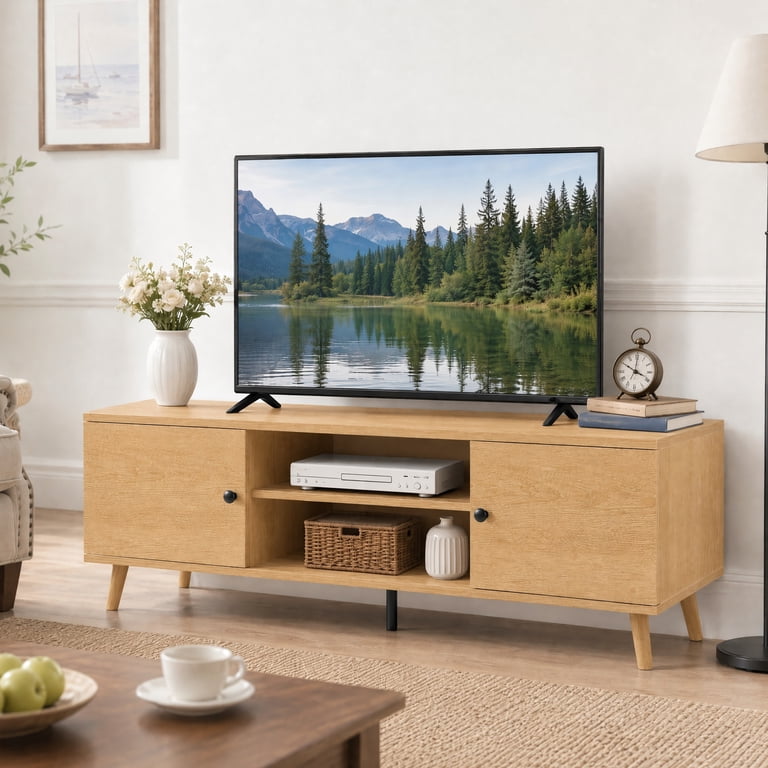 EDX Retro-Modern TV Stand with Soft-Close Cabinets, Natural Wood photo 2