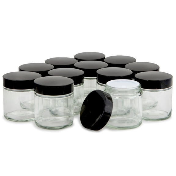 Vivaplex, 12, Clear, 4 oz Round Glass Jars, with Inner Liners and Black Lids