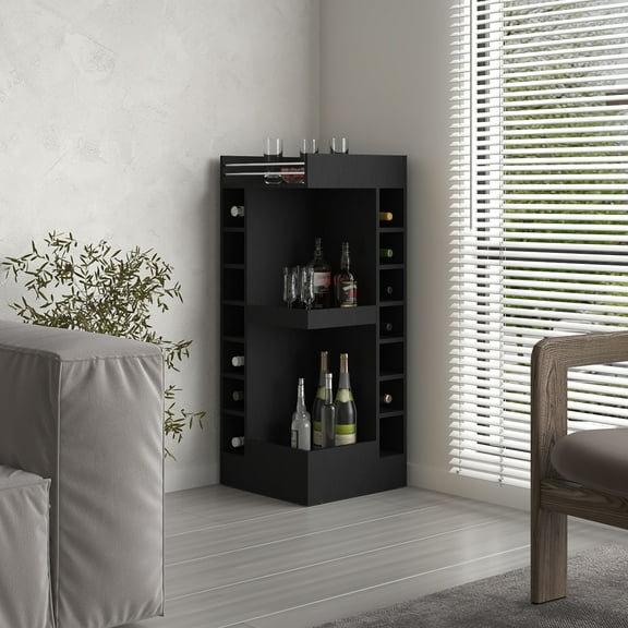Dining Room Sideboards, Lyman 46" Tall 3-Tier Corner Bar Cabinet with Fourteen Wine Bottle Cubbies, Living Room, Liquor Cabinet, Storage Cabinet Black, Black Wooden Sideboards,Wooden Servers