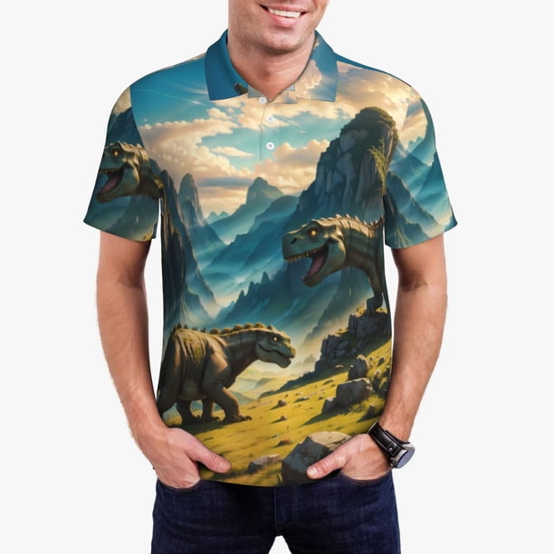 Balery Valley River Dinosaur Camisa Polo de Hombre con Estampado, de Manga Corta y Tejido Medio, Camisa Tipo Golf Polo-XX-Large