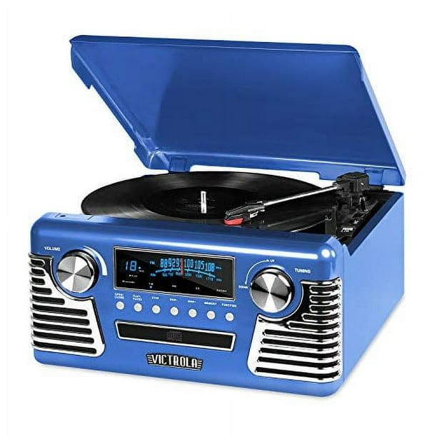 Tocadiscos y centro multimedia Bluetooth retro Victrola años 50 con parlantes incorporados - Tocadiscos de 3 velocidades, reproductor de CD, radio AM/FM | Transmisión de música inalámbrica | Azul