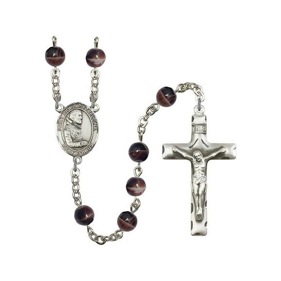 St. Pio of Pietrelcina Silver-Plated Rosary 7mm Brown Beads Crucifix Size 1 3/4 x 1 medal charm