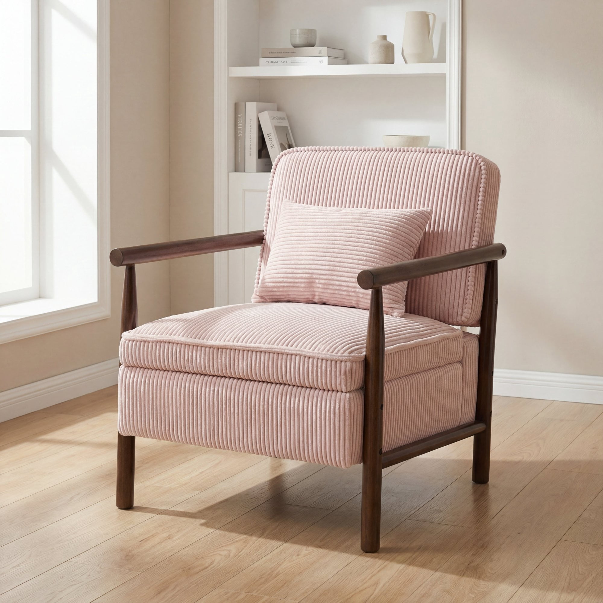 Leumius Storage Chair, Mid Century Modern Accent Chair with Solid Wood Frame, Upholstered Living Room Chairs with Waist Cushion, Reading Armchair for Bedroom Sunroom Light Pink
