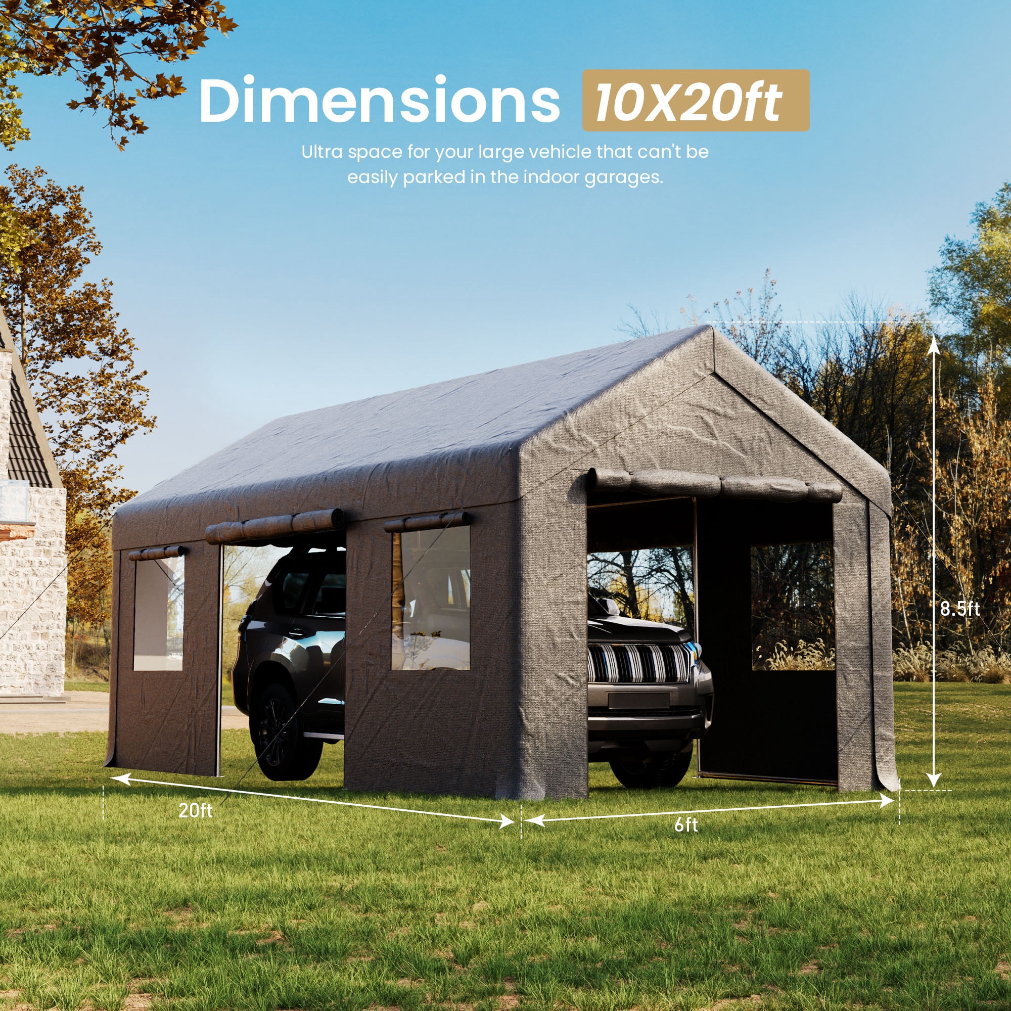 FOROUTIA 10x20ft Heavy-Duty Carport Canopy, Dark Gray Gable Roof PE Garage, All-Weather Shelter for Car/Truck/SUV/Outdoor Storage & Party