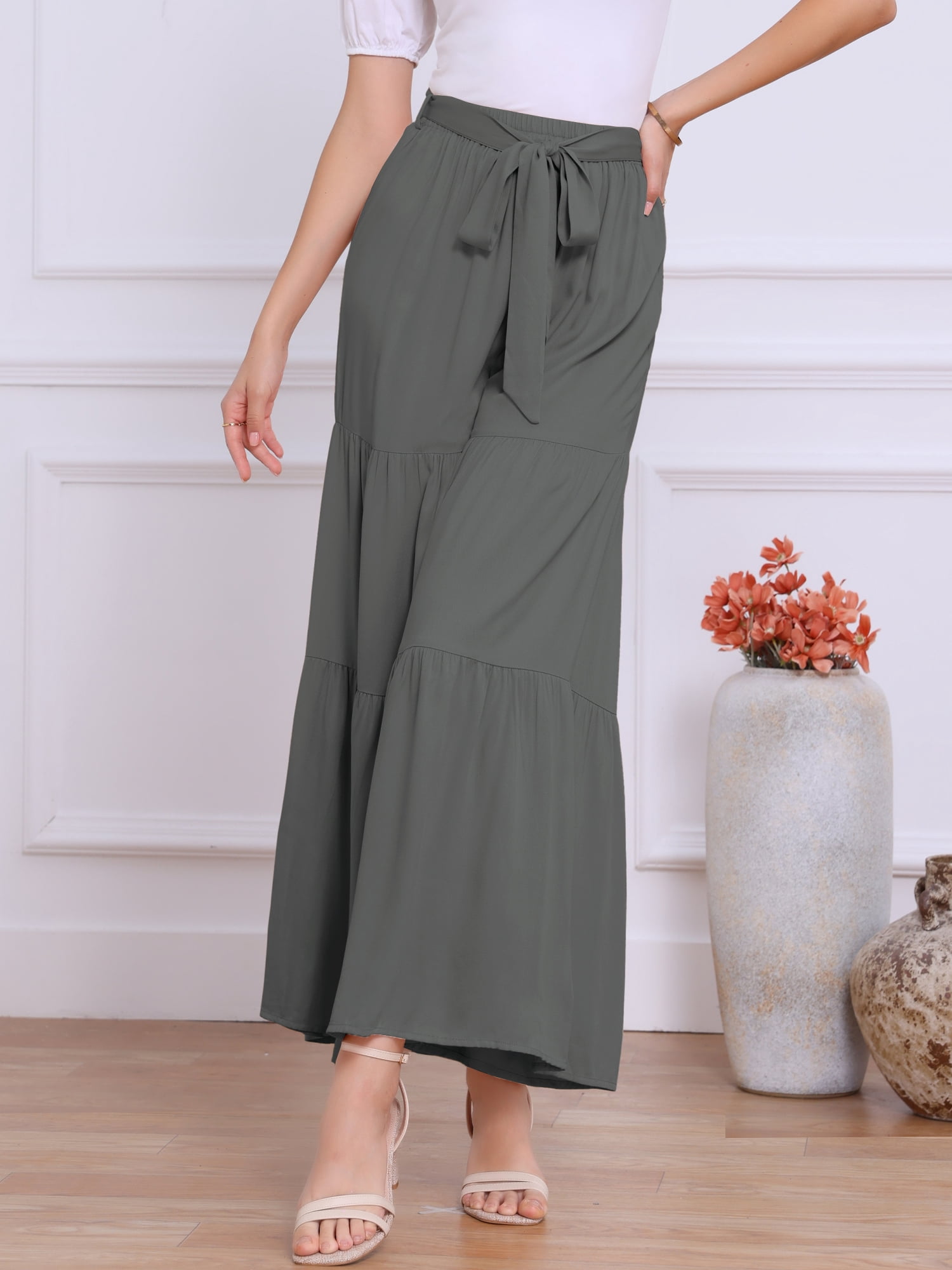 DARING DIVA Women's Boho Elastic High Tie Belt Ruffle Hem Palazzo Pants M Grey