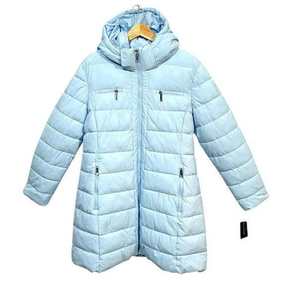 Tommy Hilfiger Womens Long Puffer Jacket Winter Coat XL Light Blue Zip Pockets