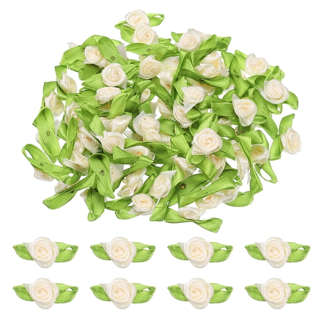 Uxcell 100 Pcs Mini Rosas de Cinta Flores Lazos para Manualidades, Adorno Aplicado Pequeño de 15mm/0.6" para Decoración de Boda Cumpleaños Festival, Beige