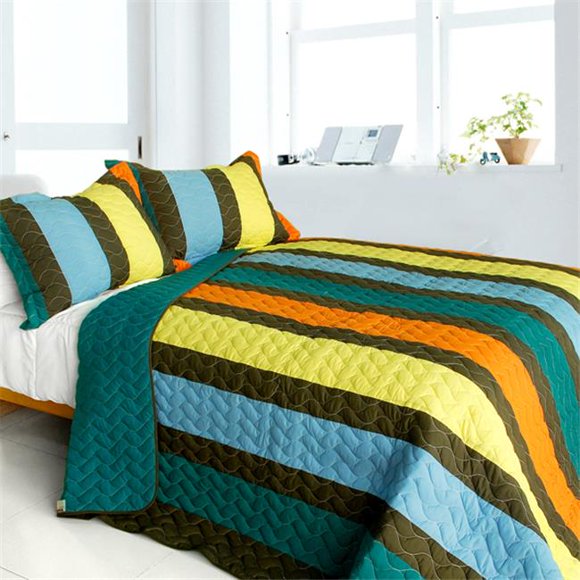 QTS01076-23 Time Chain - 3 Pieces Vermicelli-Quilted Patchwork Quilt Set Full & Queen Size - Green