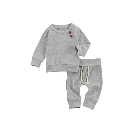 

Canrulo Newborn Baby Autumn Clothes Set Ribbed Knit Long Sleeve Tops+Drawstring Pants Gray 6-12 Months