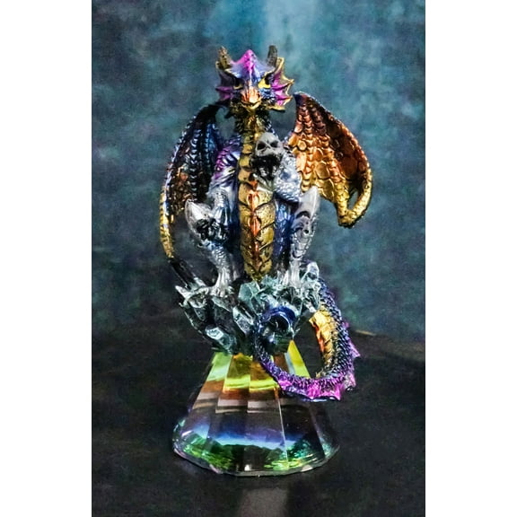 Iridescent Armored Rainbow Wyrmling Dragon Skull On Faux Crystal Prism Figurine