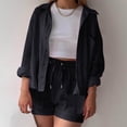 thumbnail image 2 of cfhntfmh Summer Outfits for Women Long Sleeve Casual Lapel Collared Buttons down Shirts Baggy Shorts 2 Piece Lounge Sets, 2 of 4